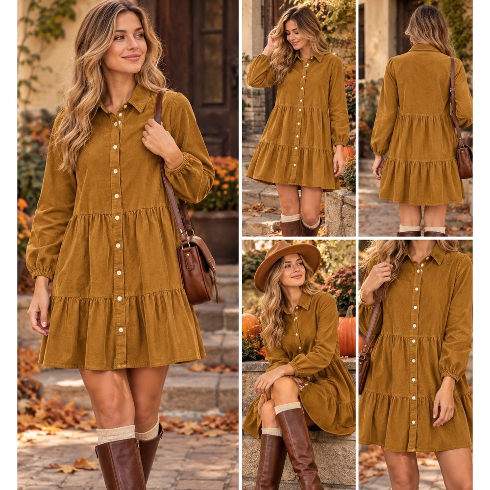 J.Crew Corduroy Tiered Mini Shirt Dress Golden Brown Button Front Fall Womens 2